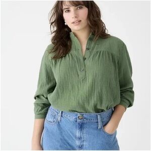 J. Crew Olive Green Fresco Top in Soft Cotton Gauze Sz L Collarless Beachy